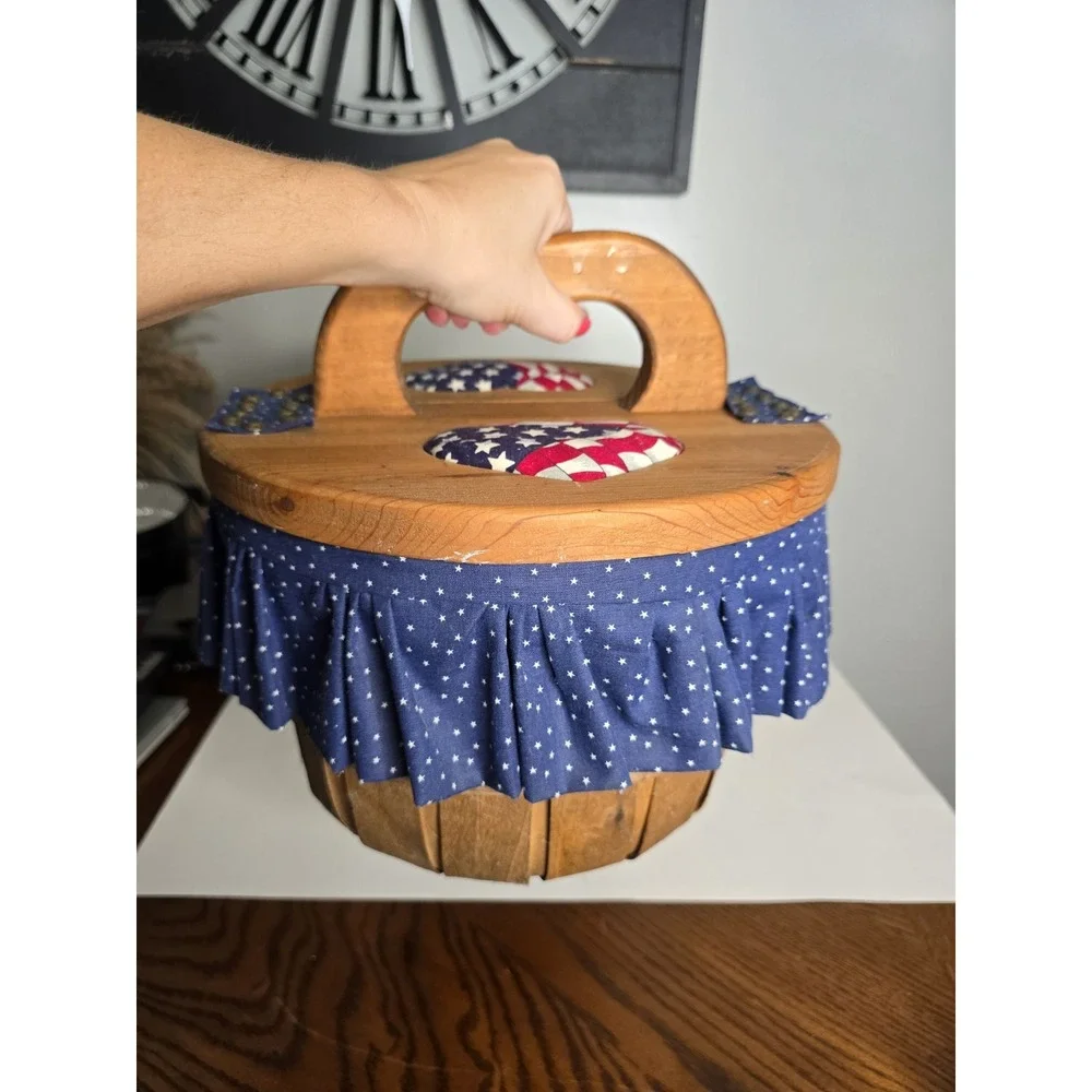 Vtg Wood Sewing Box Basket with Double Flip Top Doors Lid Carrying Handle Heart